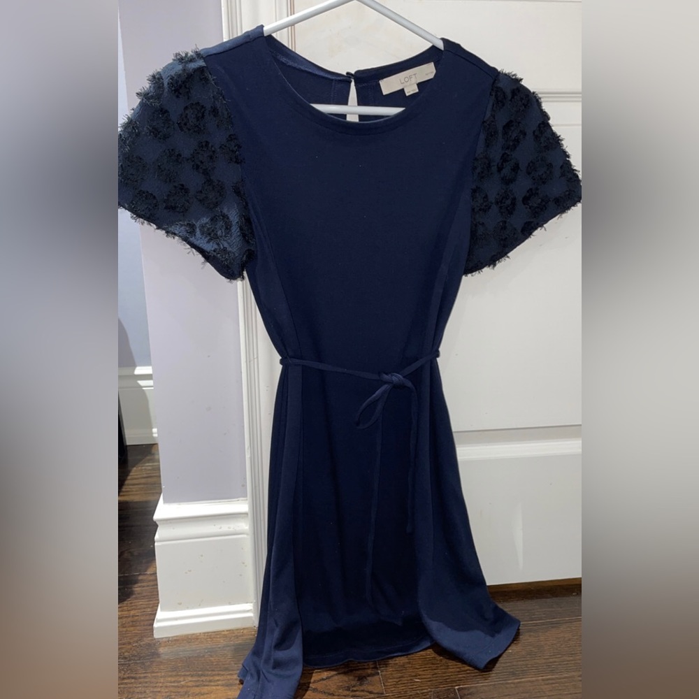 LOFT | Blue Dress with Lace Sleeves